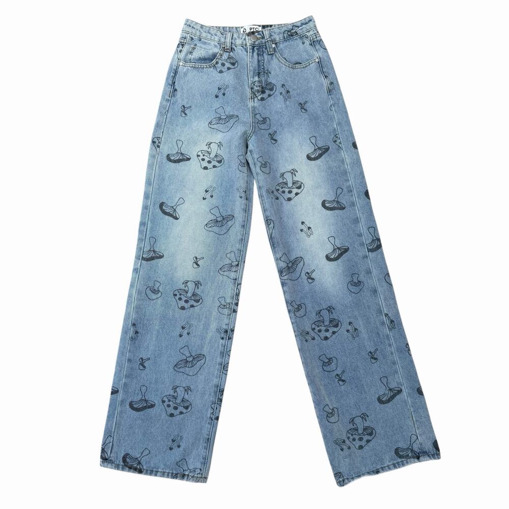 PTCL Ethical Clothing Mushroom Print Jeans Wide Leg XS 24”